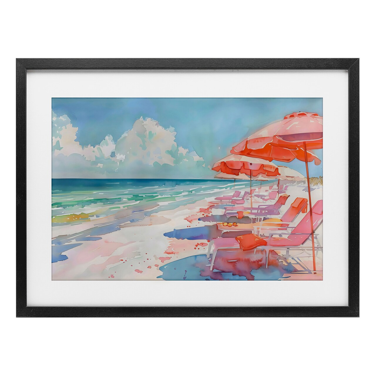Stupell Industries Peach Beach Relaxing Chairs Black Framed Print Under Glass, design by LSR Design Studio